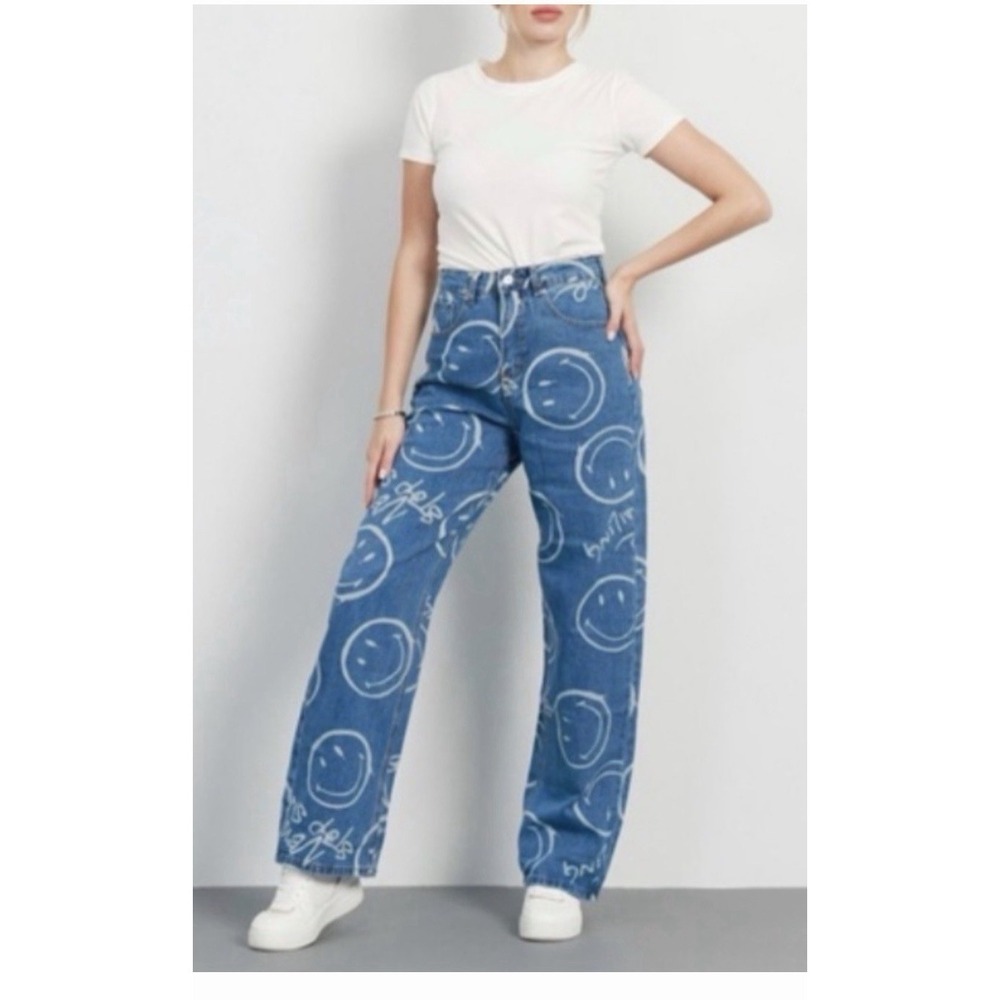 Smiley Originals x H&M Blue Wide Leg Jeans High Rise Women's Size 2 Big Face